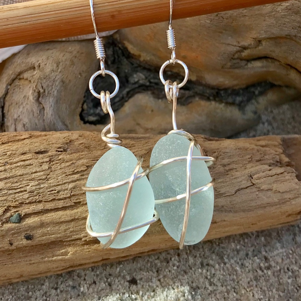 SEAGLASS Soft Blue Wire-wrapped drop earrings